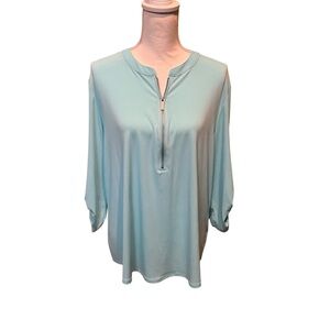 Ellen Tracy Women's Roll Tab Sleeve‎  1/4 Zip Crew Neck Blouse Top Size XL